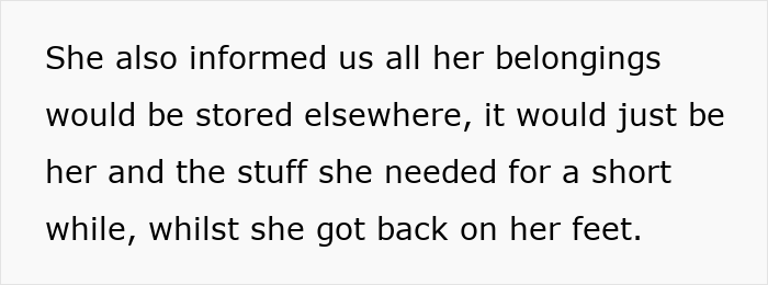 Text discussing a woman’s temporary stay at a friend's place, storing belongings elsewhere while she gets back on her feet.