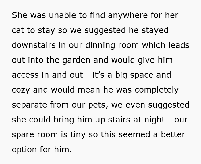 Text discussing arrangements for a cat to stay in a dining room with garden access.