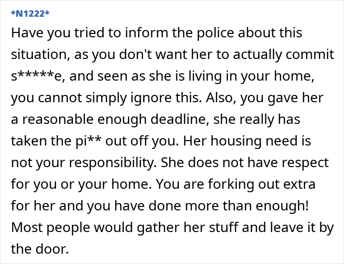 Text discussing a woman's extended stay in a friend's home, addressing boundaries and housing responsibility.