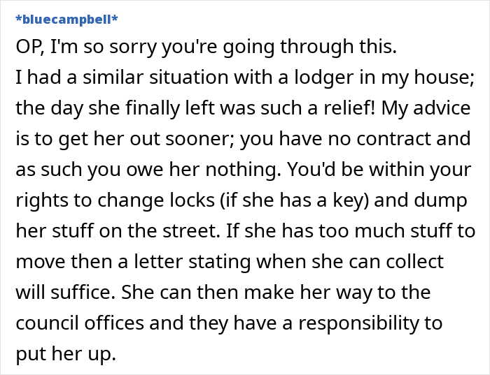 Text advice on eviction, suggesting legal rights to remove a woman staying without a contract.