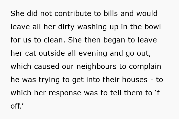 Text describing a woman's extended stay, causing issues with cleaning and her cat disturbing neighbors.