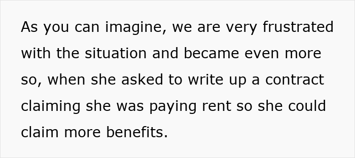 Text discussing frustration over a woman's extended stay and request for a rent contract to claim benefits.