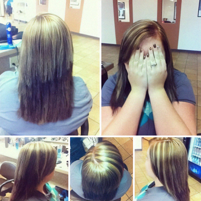 Five views of a woman's hair fail with uneven highlights and visible distress.