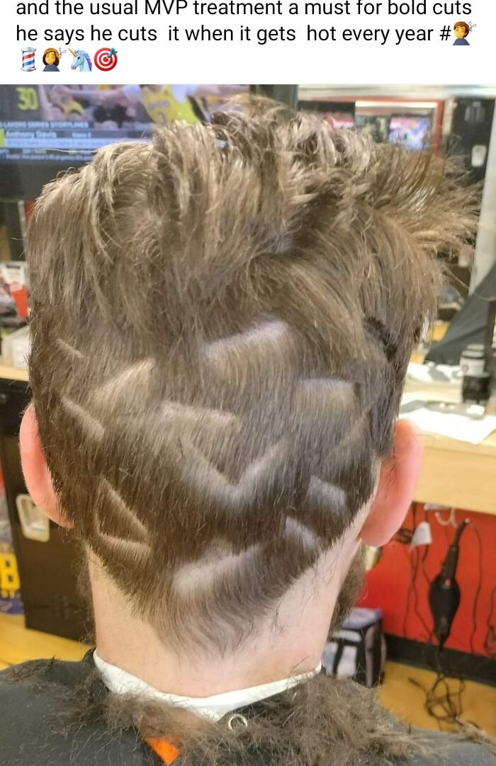 Unusual haircut with zigzag patterns on the back of the head, representing a hair fail.