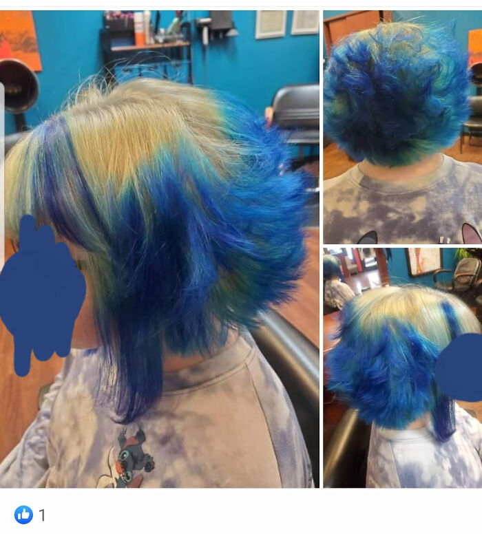 Colorful hairstyle with blue and green tones showcasing a hair fail in a salon setting.