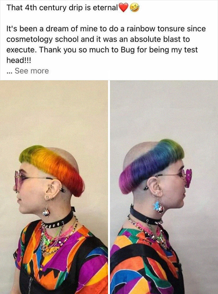 Person with a unique rainbow hair cut, featuring a shaved head and vibrant colors, showcasing a hair fail.