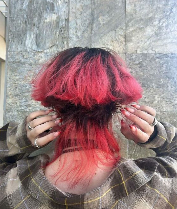 Person showing a hair fail with uneven pink layers and a plaid shirt.