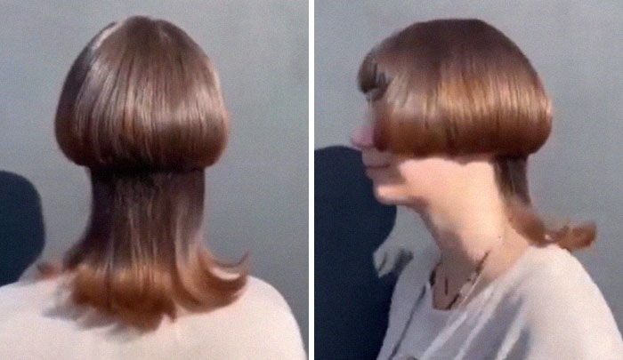 Unusual haircut showing a two-layer style with blunt bangs, depicted from back and side views. Hair fails example.