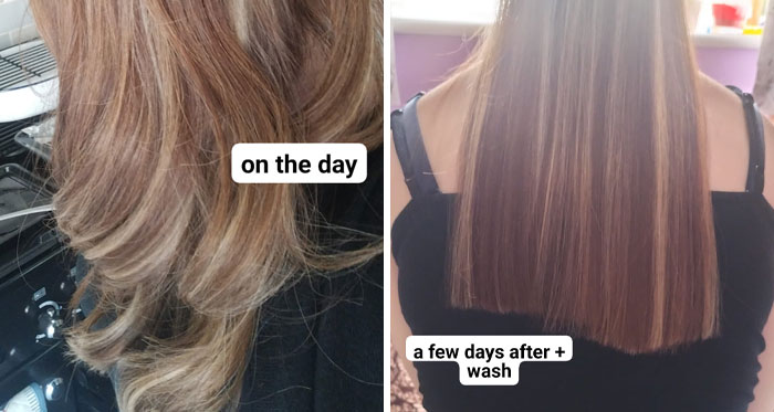 Before-and-after photos of a hair fail, showing styled waves on the left and uneven straight hair on the right.