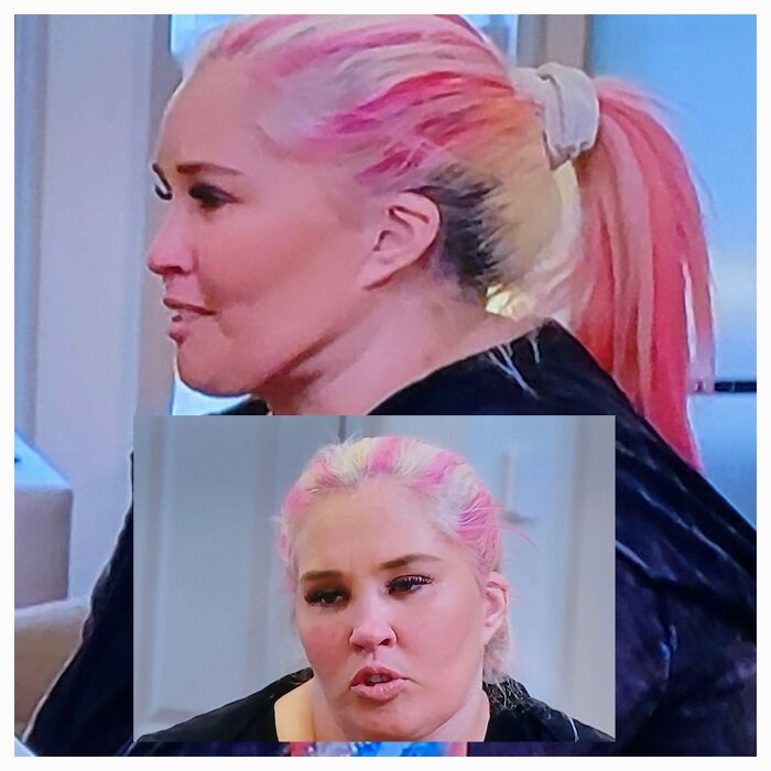 Woman with a colorful, pink and blonde hairstyle, showcasing a hair fail.