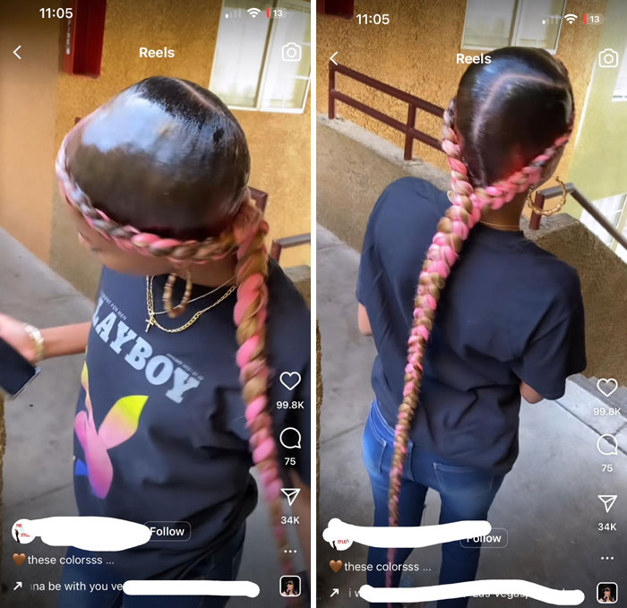 Person with a shiny braided hairstyle viewed from different angles, showcasing bold hair fail.