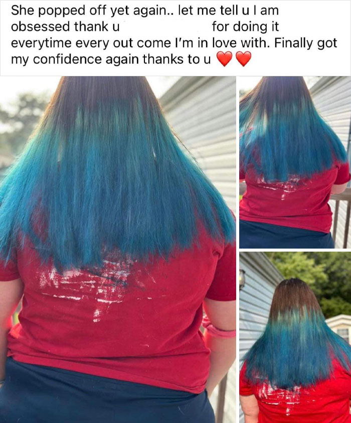 Woman with uneven blue-dyed hair wearing a red shirt, showcasing a hair fail.