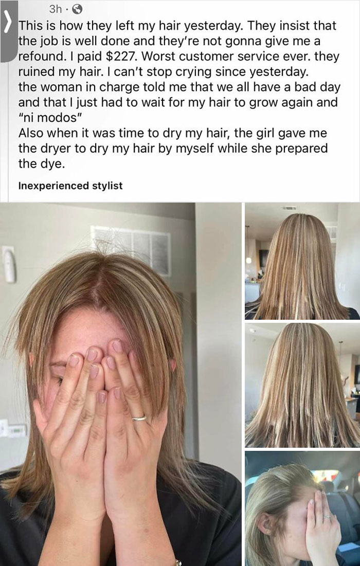 Woman covering face with hands in front of badly styled hair; hair fail experience.