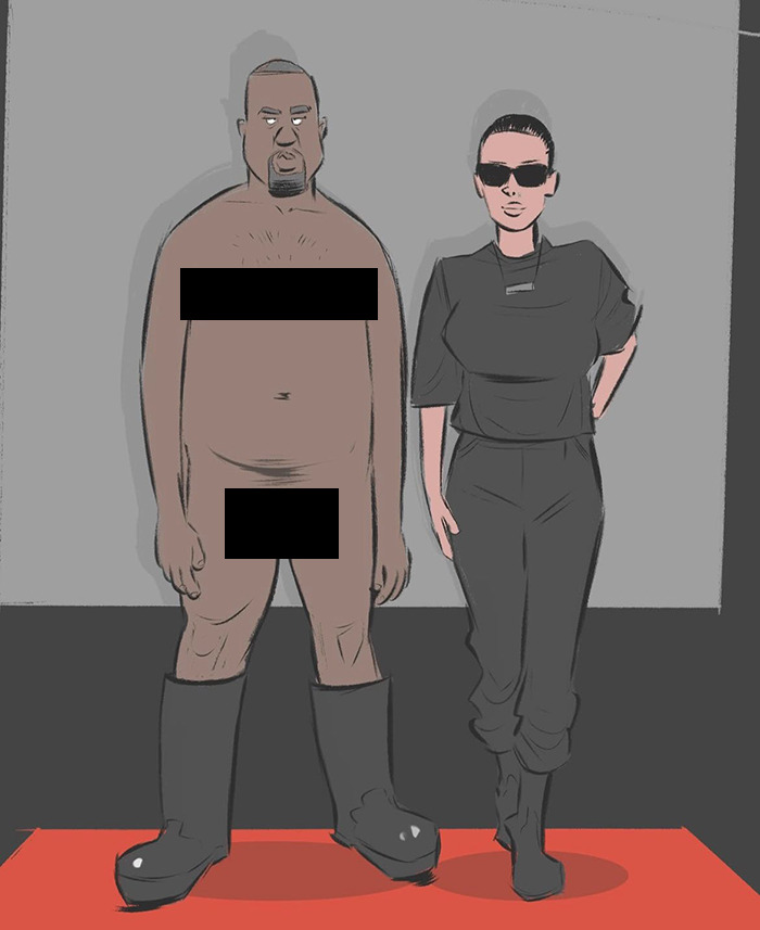 Two cartoon characters, one partially censored, standing on a red carpet, referencing Kanye West AI meme.