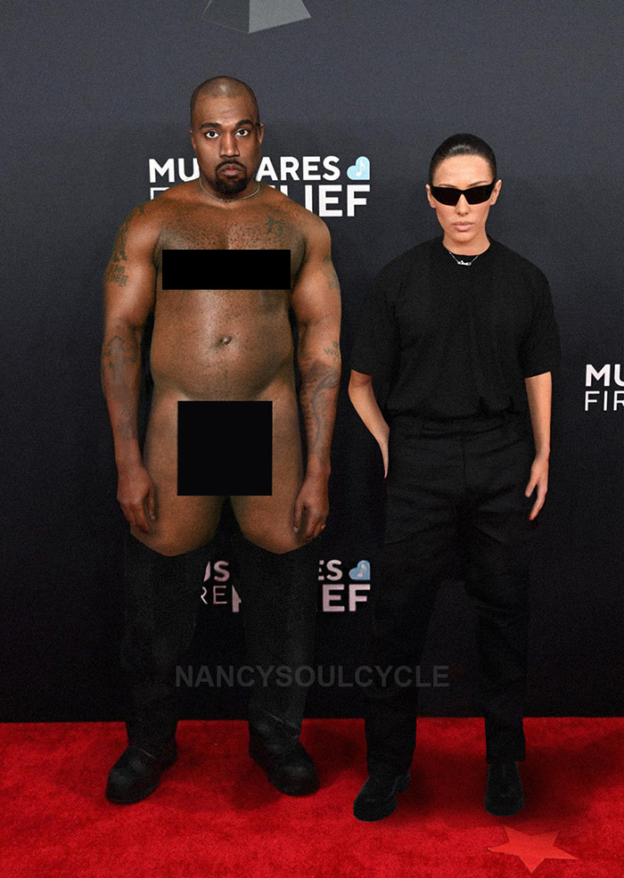 AI meme featuring a person in minimal clothing alongside a fully dressed individual on a red carpet background.