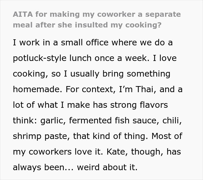 Text story about coworker's reactions to Thai cooking at office potluck.