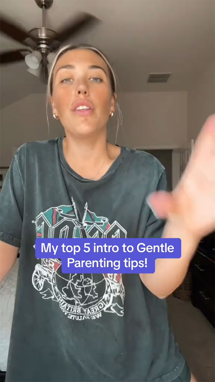 Woman sharing top gentle parenting tips in a casual home setting.