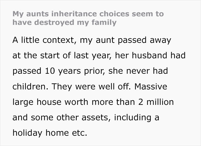 Text discussing an aunt's inheritance causing family conflict, highlighting a massive fortune left to a niece.