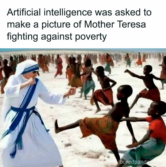 AI-generated image of Mother Teresa in a playful fighting stance with children, symbolizing a humorous approach to poverty.