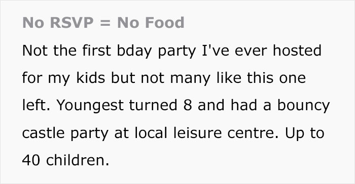 Text about kids' birthday party with no food due to RSVP issues, mentions bouncy castle and 40 children attending.