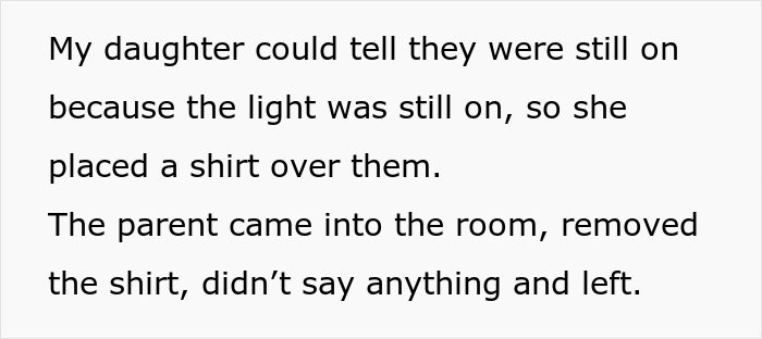 Text about a daughter noticing a light and covering it with a shirt in a friend's room during a sleepover.