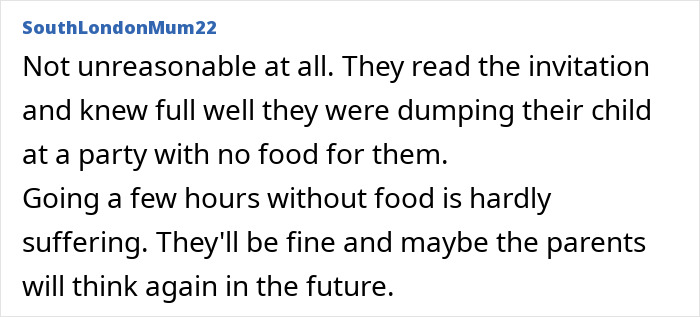 Comment discussing kids left without food at a birthday due to parents not RSVPing.