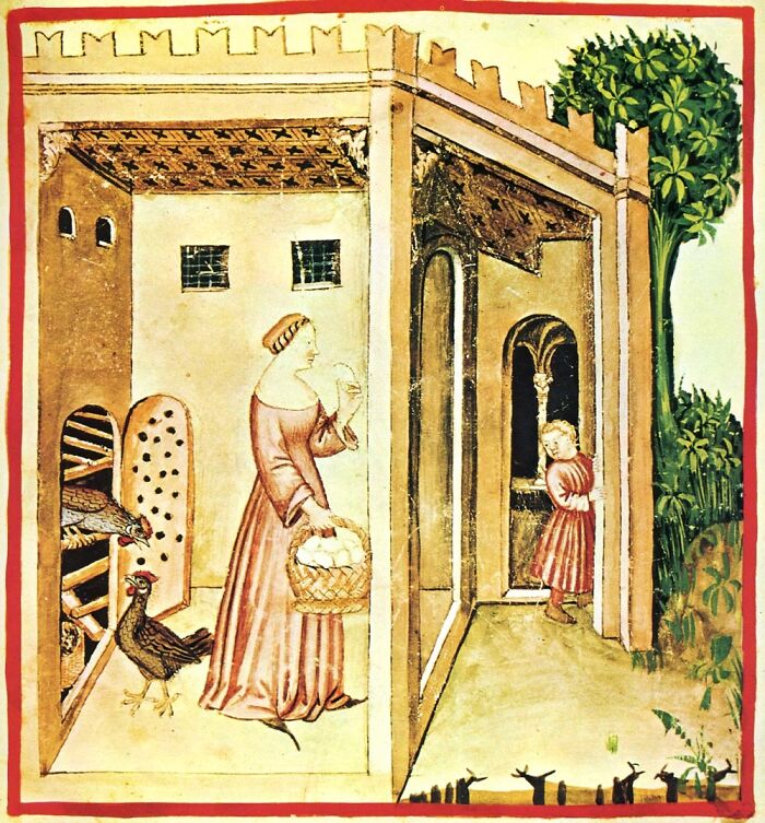 Medieval illustration of a woman holding eggs and a child peeking around a corner; related to cool Wikipedia articles.