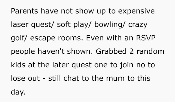 Text discussing parents missing events even with RSVP, affecting kids' food situation at a birthday party.