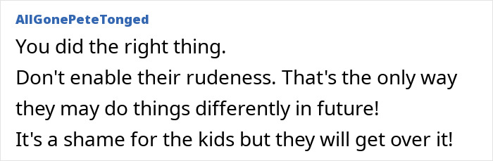 Comment discussing kids missing out on food at a birthday due to unresponsive parents.