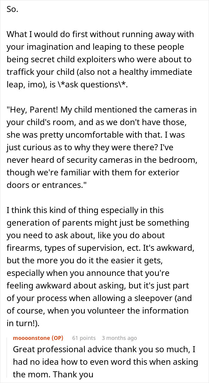 Parent advice text on discussing cameras found in a friend's room during sleepovers.