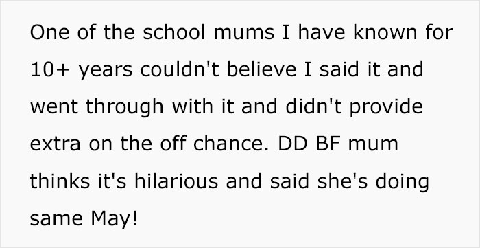 Text describing a school mom's surprise about not providing extra food at a birthday due to no RSVP.