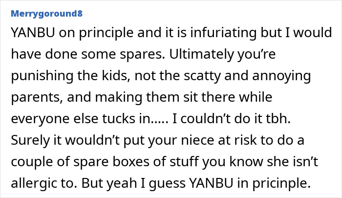 Text discussing kids without food at a birthday due to parents not RSVPing, emphasizing fairness and spare options.