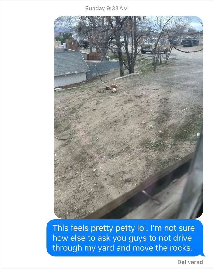 Text message discussing neighbors and yard with visible rocks and a dirt path in the image.