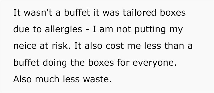 Text explaining why tailored food boxes were chosen over a buffet due to allergies.