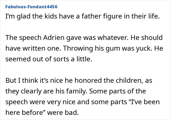 Reddit user&rsquo;s comments on Adrien Brody&rsquo;s Oscars speech, mentioning his children.