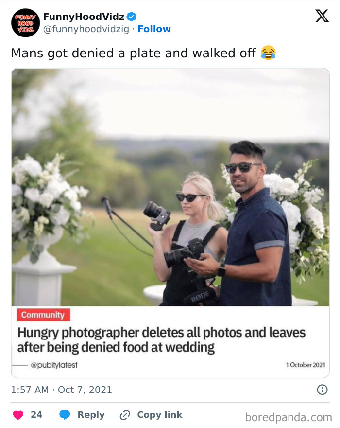 Photographer at wedding deletes photos after being denied food, illustrating the internet&rsquo;s randomness.