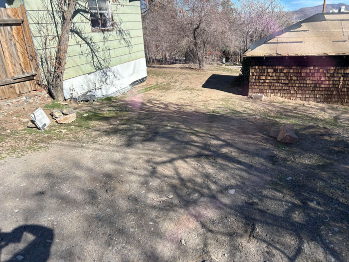 Backyard scene with dirt path, trees, and a green house, addressing neighbors driving issue using caution nails.