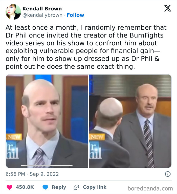 Tweet about a Dr. Phil show moment highlighting a confrontation. Random post showcasing internet humor.