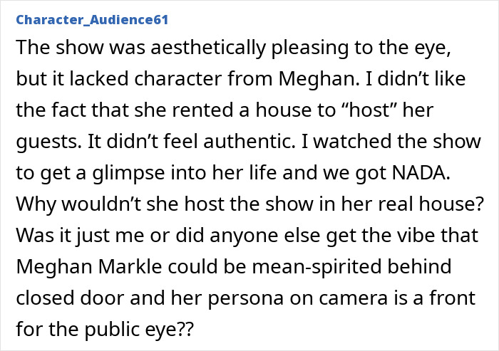 Text criticizing Meghan Markle's show, highlighting lack of authenticity and controversies.