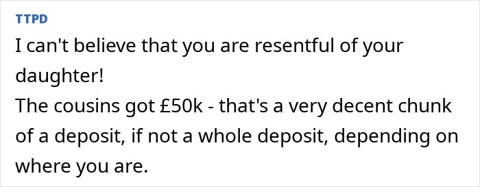 Text about a family's resentment and inheritance, mentioning a £50k deposit.