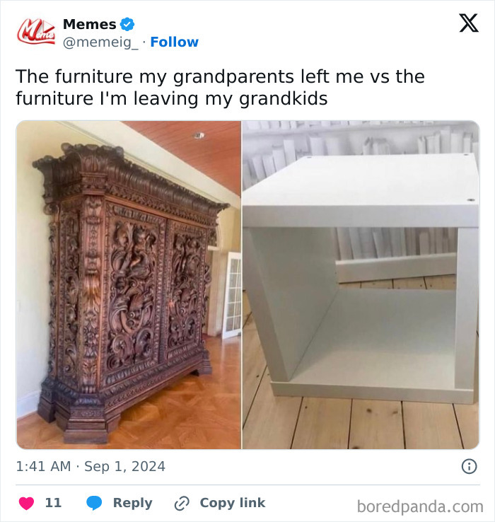 Old ornate wooden cabinet vs simple white shelf, illustrating internet humor about furniture evolution.