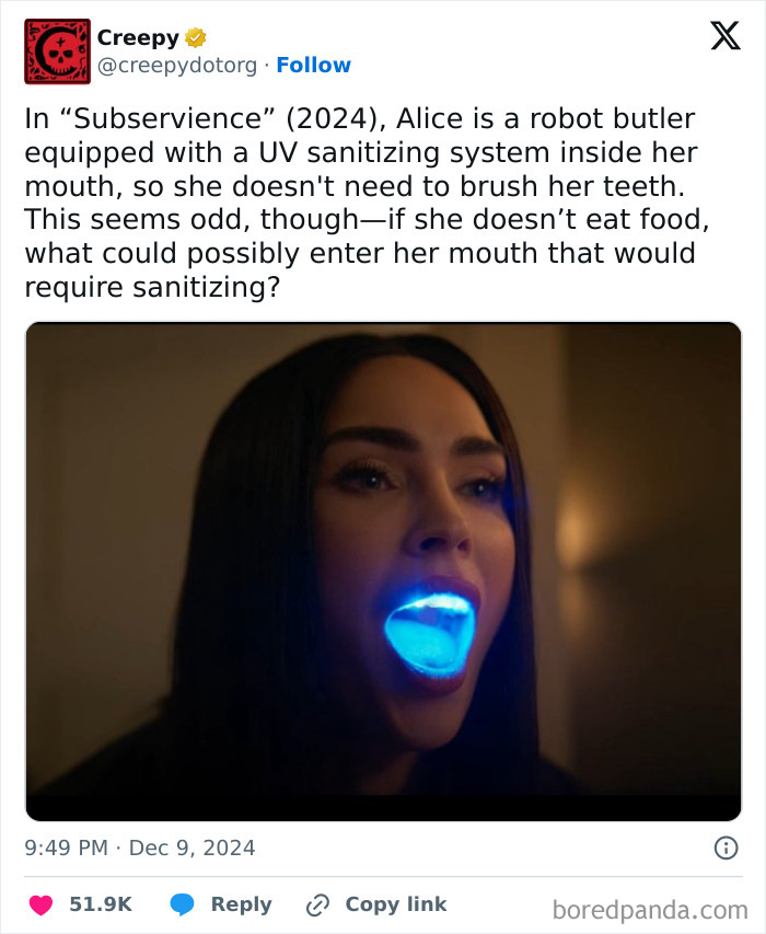 Robot butler with glowing blue UV light in mouth, illustrating internet&rsquo;s random wonders.