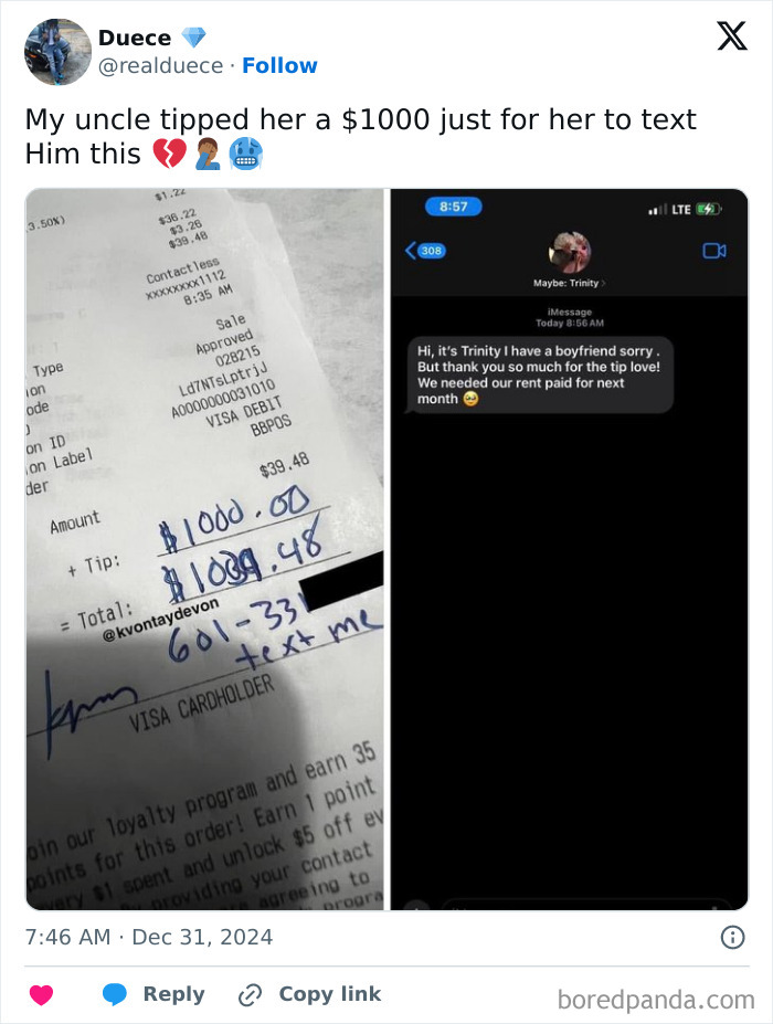 Receipt showing a $1000 tip and a text message exchange, highlighting random internet moments.