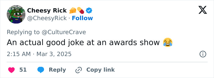 Tweet responding to awards show with humor, commenting on jokes.