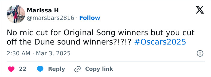 Tweet questioning mic time at Oscars 2025 after Original Song winners, related to Miley Cyrus.