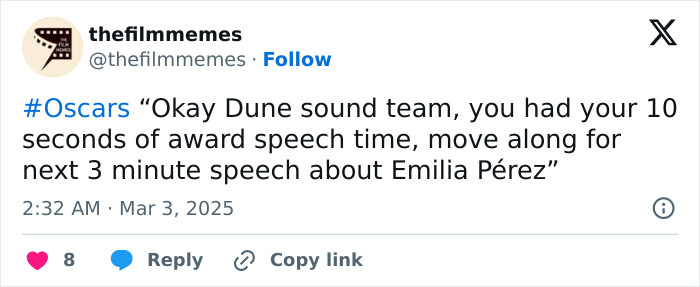 Social media post humorously commenting on Oscars speeches, referencing the Dune sound team.