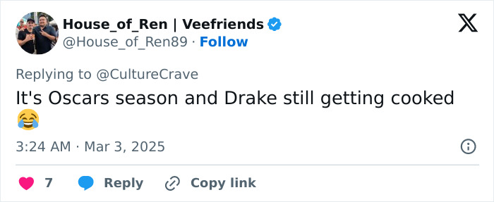 Tweet reacting to controversial Conan O’Brien jokes at Oscars, mentioning Drake during Oscars season.