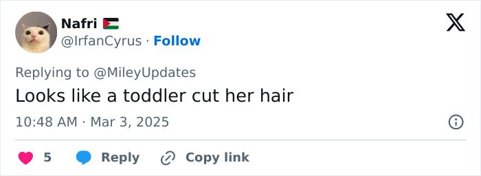 Tweet replying to Miley Cyrus with a comment about her hair.