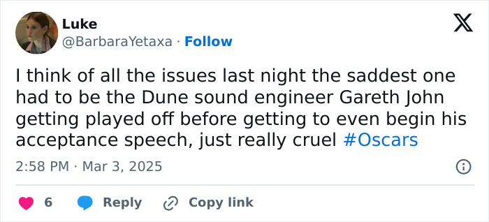 Tweet about Oscars criticism, highlighting a sound engineer getting cut off during the acceptance speech.