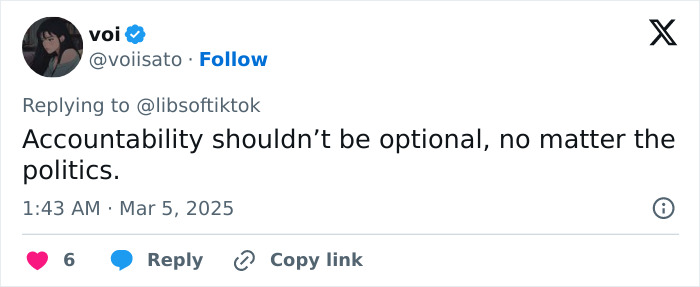 Tweet about accountability, mentioning politics, by user voi.